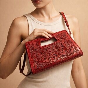RARE Shazel Red Hand-Tooled Leather Cutout Handel Handbag Crossbody Clutch Bag